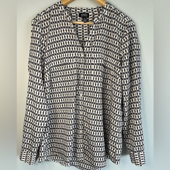 Jones New York long roll tab sleeve front pockets v neck blouse brown pink XL - Picture 1 of 8